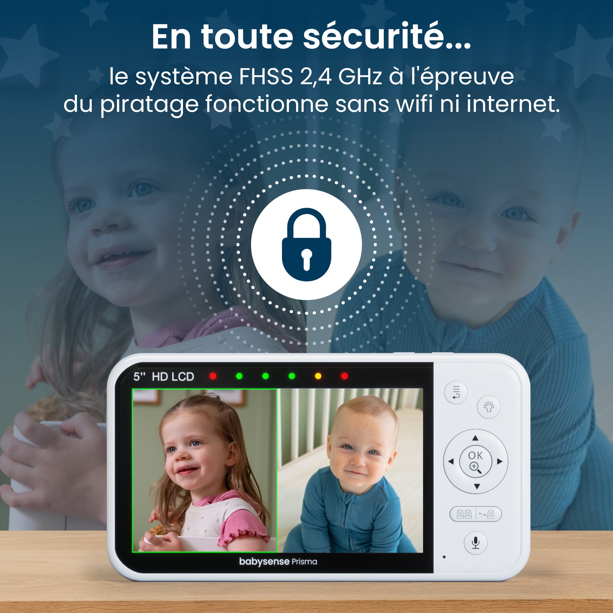 Babysense Prisma : Moniteur Vidéo Bébé avec 1 Caméra, Sans WiFi, Écran Divisé, Veilleuse & Machine à Sons