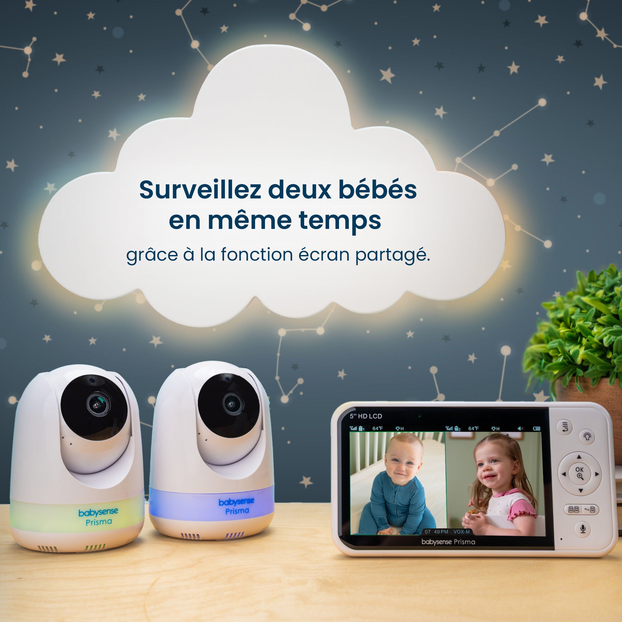 Babysense Prisma : Moniteur Vidéo Bébé avec 1 Caméra, Sans WiFi, Écran Divisé, Veilleuse & Machine à Sons