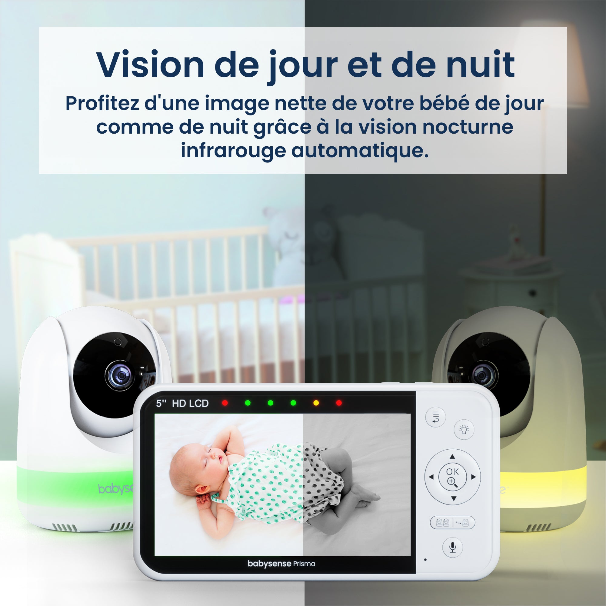 Babysense Prisma : Moniteur Vidéo Bébé avec 1 Caméra, Sans WiFi, Écran Divisé, Veilleuse & Machine à Sons