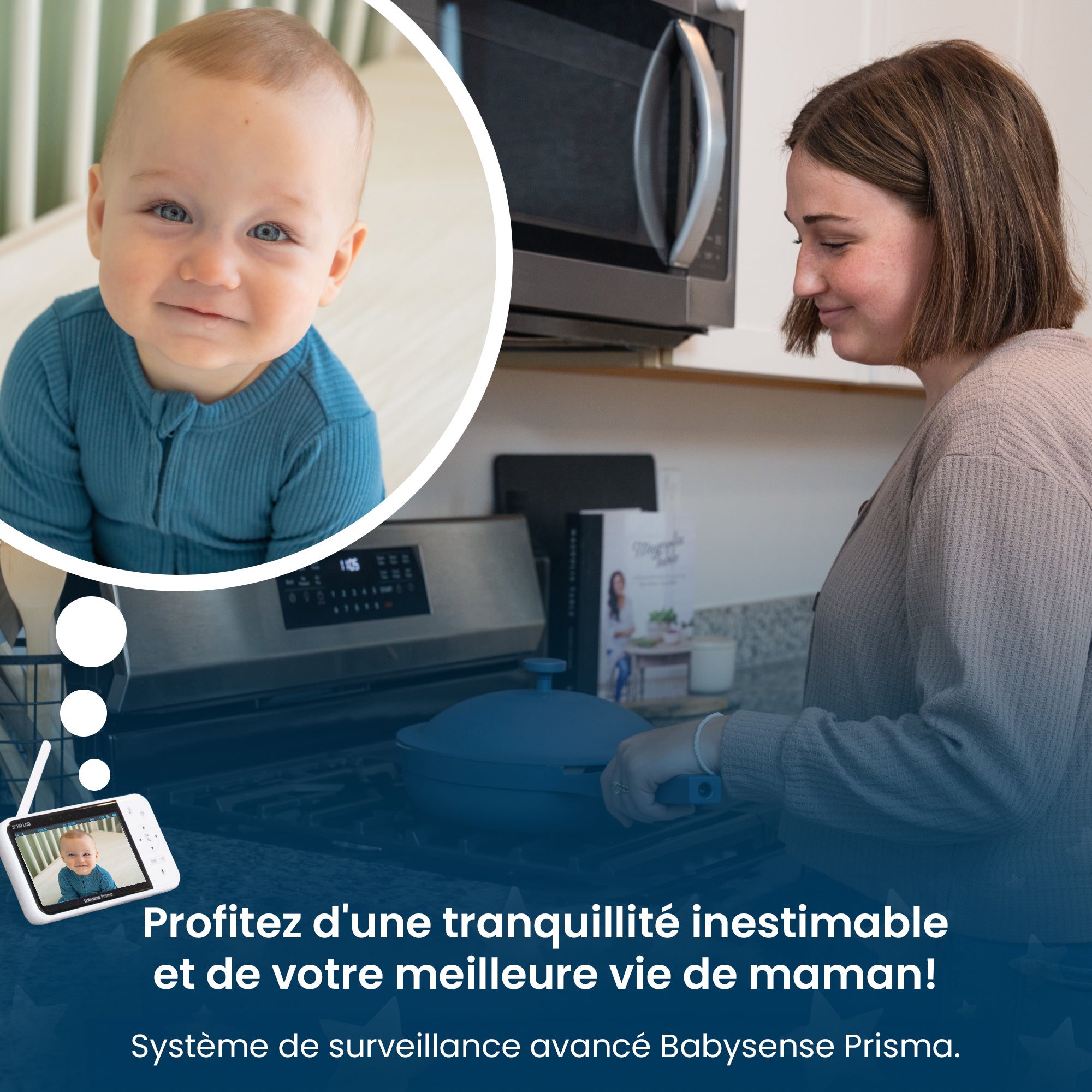 Babysense Prisma : Moniteur Vidéo Bébé avec 1 Caméra, Sans WiFi, Écran Divisé, Veilleuse & Machine à Sons