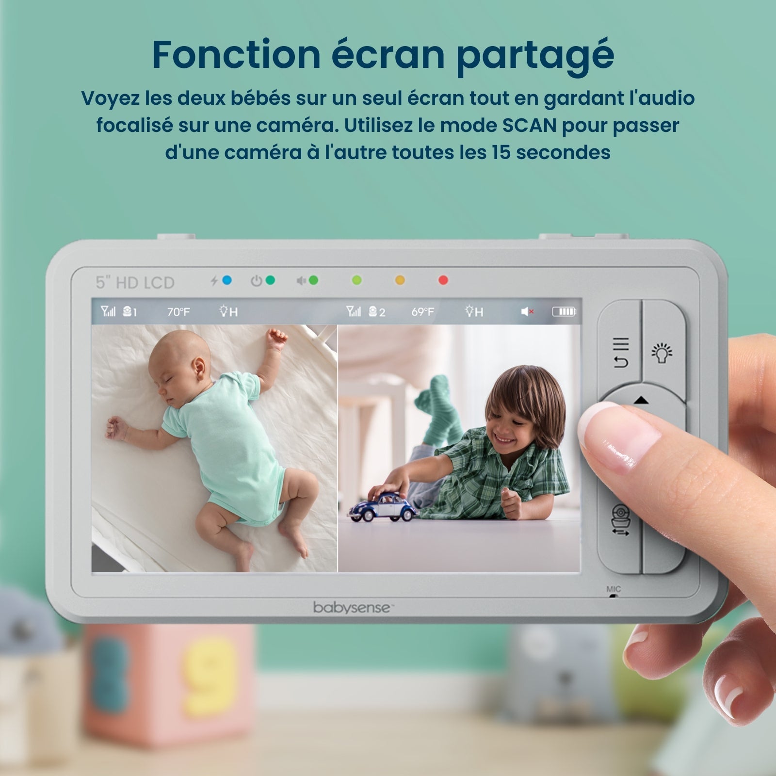 Babysense HD S2: Babyphone avec 2 Caméras, Écran Partagé Monitor & Bebe Veilleuse, Sans Wi-Fi