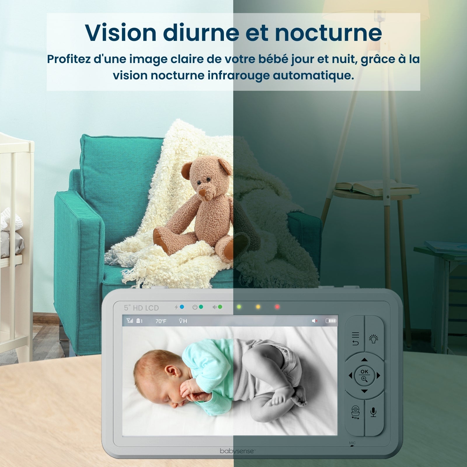 Babysense HD S2: Babyphone avec 2 Caméras, Écran Partagé Monitor & Bebe Veilleuse, Sans Wi-Fi