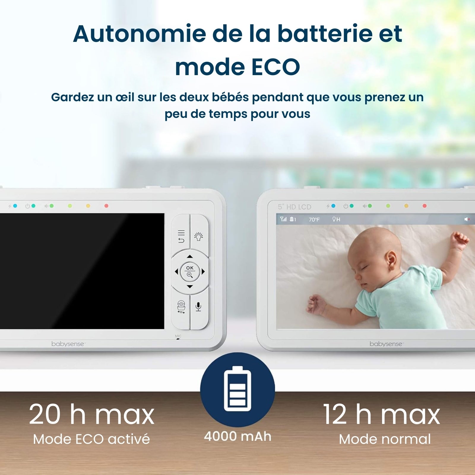 Babysense HD S2: Babyphone avec 2 Caméras, Écran Partagé Monitor & Bebe Veilleuse, Sans Wi-Fi