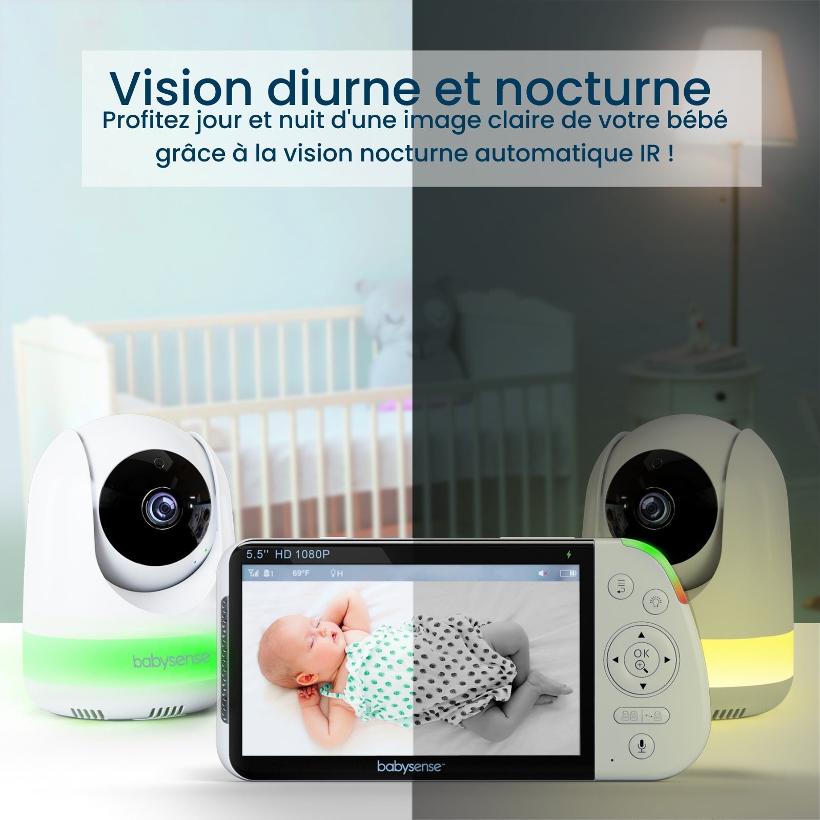 Babysense Max View: Video Baby Monitor with 3 Cameras, Non Wifi, Split Screen, Night Light & Sound Machine