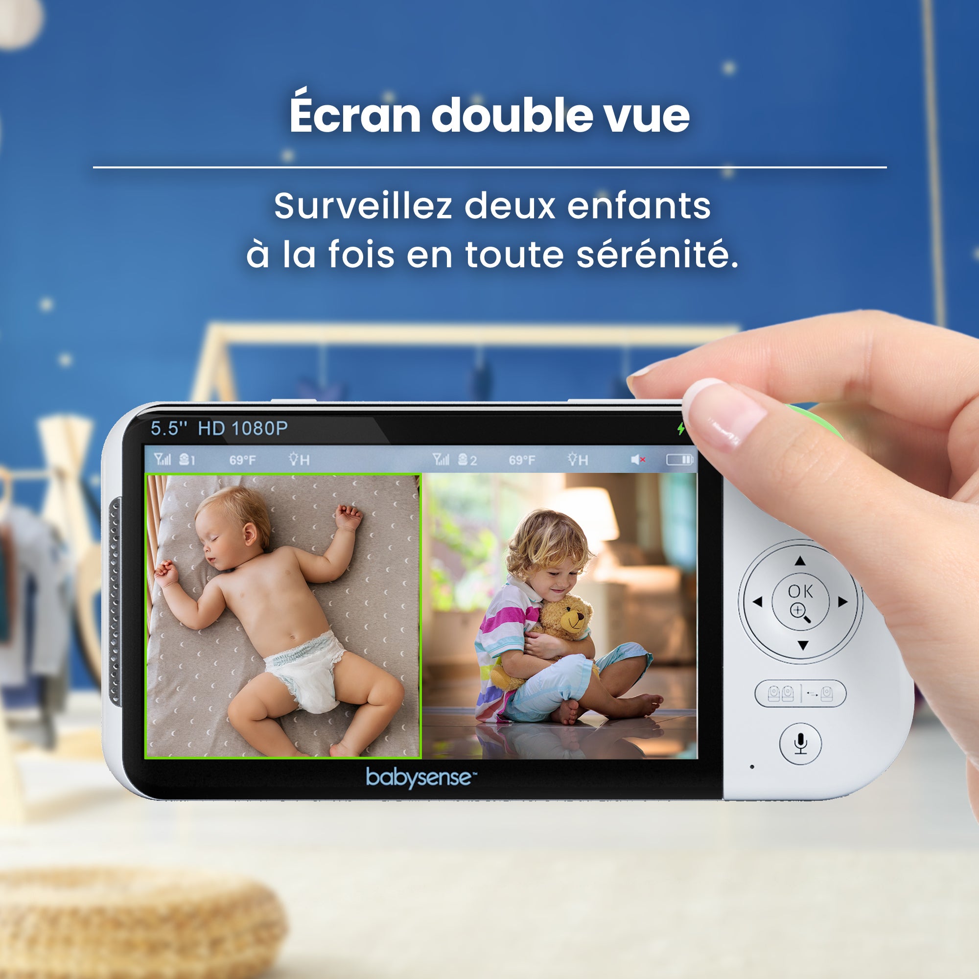 Babysense Maxview PRO: Babyphone avec 2 Caméras, Écran Partagé Monitor, Bruit Blanc Machine & Bebe Veilleuse, Sans Wi-Fi