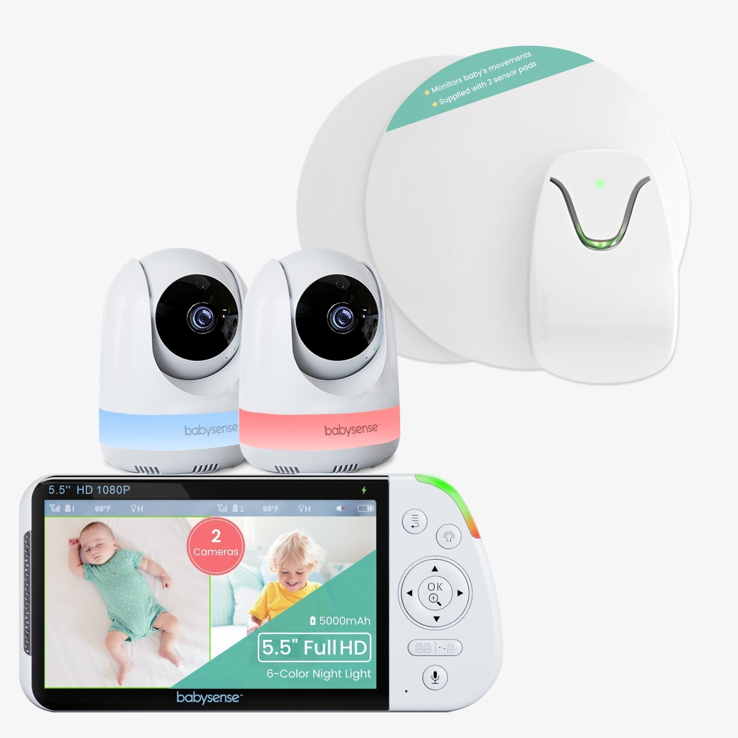 Babysense Pack 2-en-1 : Vidéophone bébé 2 caméras écran partagé + Moniteur respiratoire avec alertes en temps réel