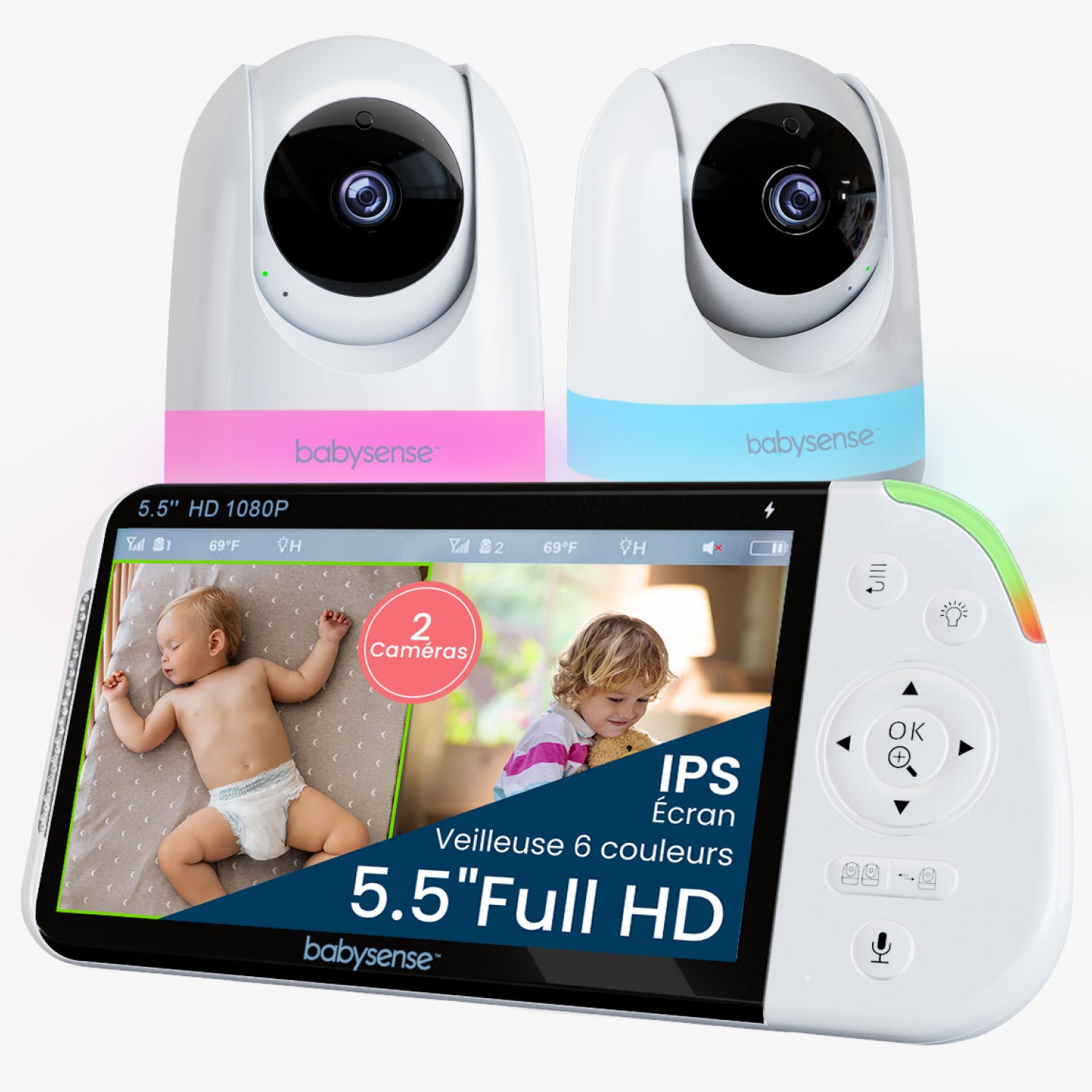 Babysense MaxView PRO : Babyphone vidéo avec 2 caméras, sans Wi-Fi, écran partagé, veilleuse & machine à sons