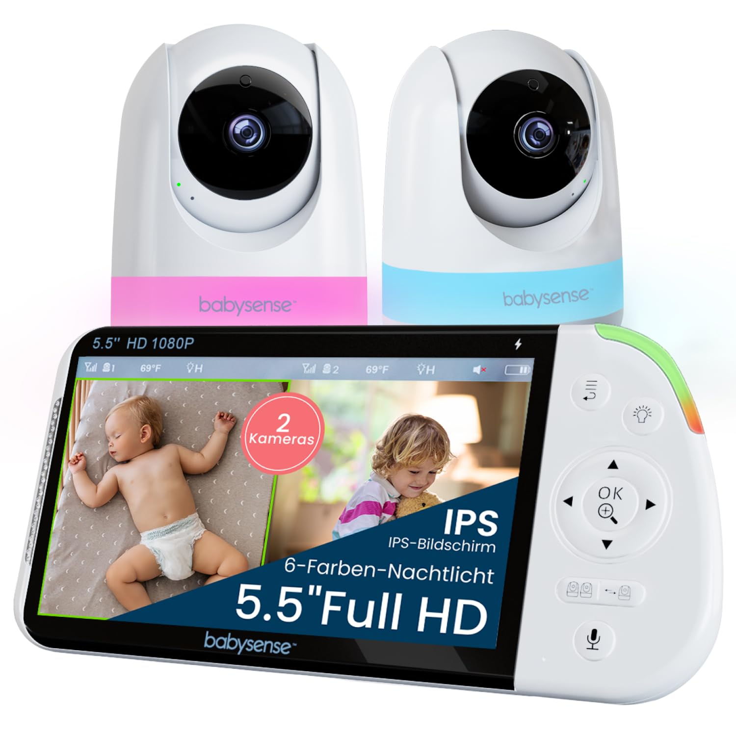Babysense Maxview PRO: Babyphone avec 2 Caméras, Écran Partagé Monitor, Bruit Blanc Machine & Bebe Veilleuse, Sans Wi-Fi 