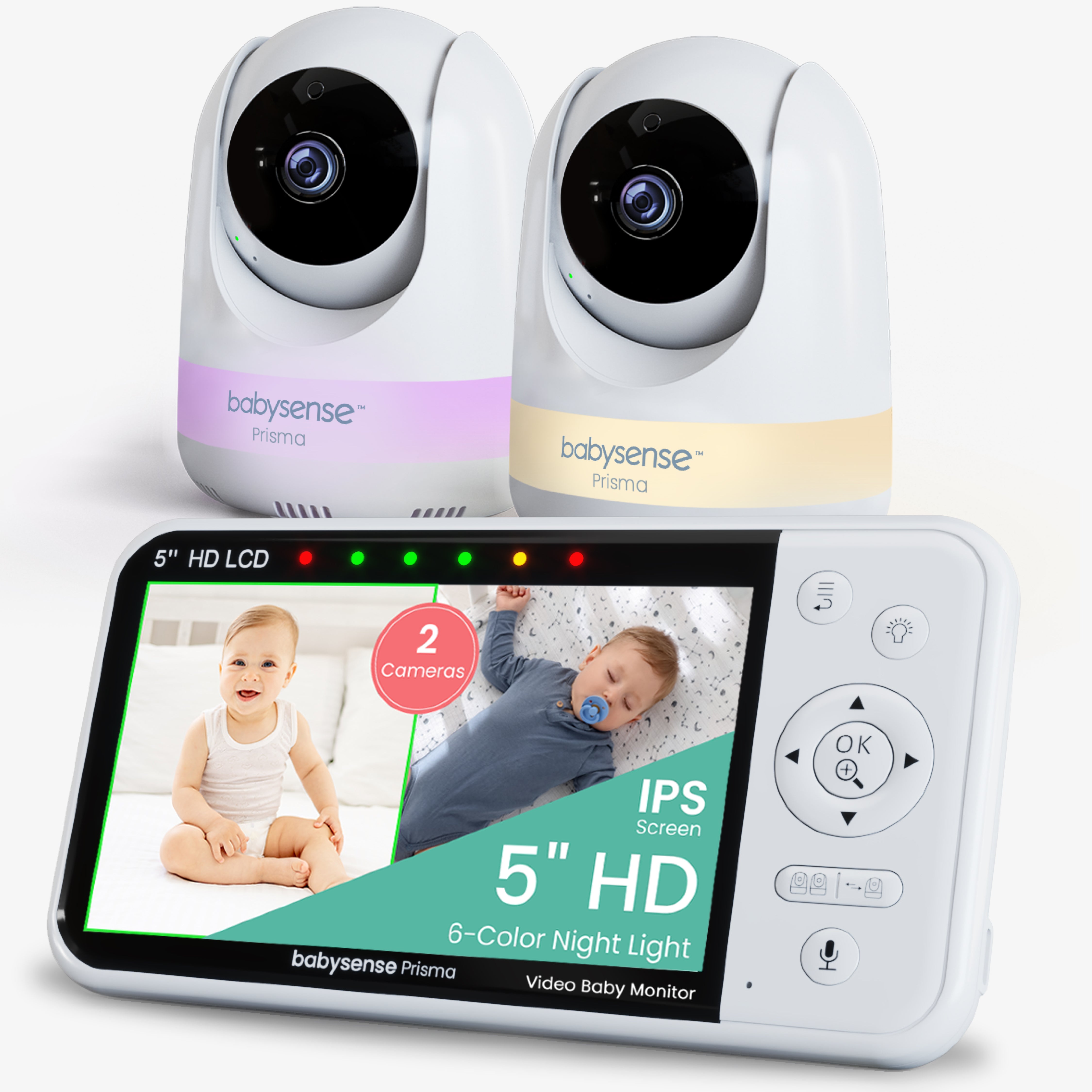 Babysense Prisma : Moniteur Vidéo Bébé avec 2 Caméras, Sans WiFi, Écran Divisé, Veilleuse et Machine à Sons